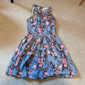 women’s blue and pink floral dress spaghetti straps open back dress knee length
